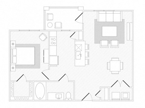 Floor plan for 1 bed, 1 bath, 743 sqft